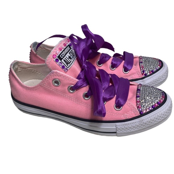 Converse All Star low-top Pink Purple Customized Rhinestone Bling sneakers Sz 6 - Picture 4 of 6
